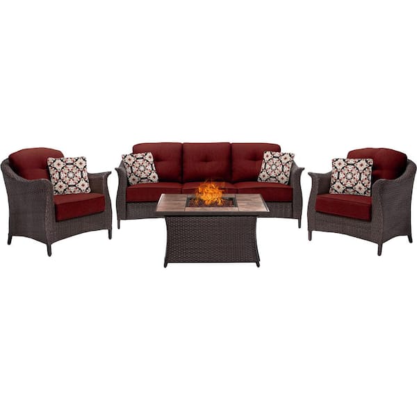 Hanover Gramercy 4-Piece Woven Patio Seating Set with Tile-Top Fire Pit and Crimson Red Cushions