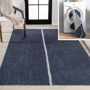 Linja Solid Centre Stripe Machine-Washable Navy/Ivory 3 ft. x 5 ft. Area Rug