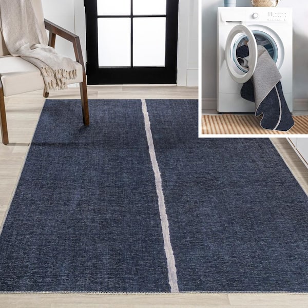 Linja Solid Centre Stripe Machine-Washable Navy/Ivory 9 ft. x 12 ft. Area Rug