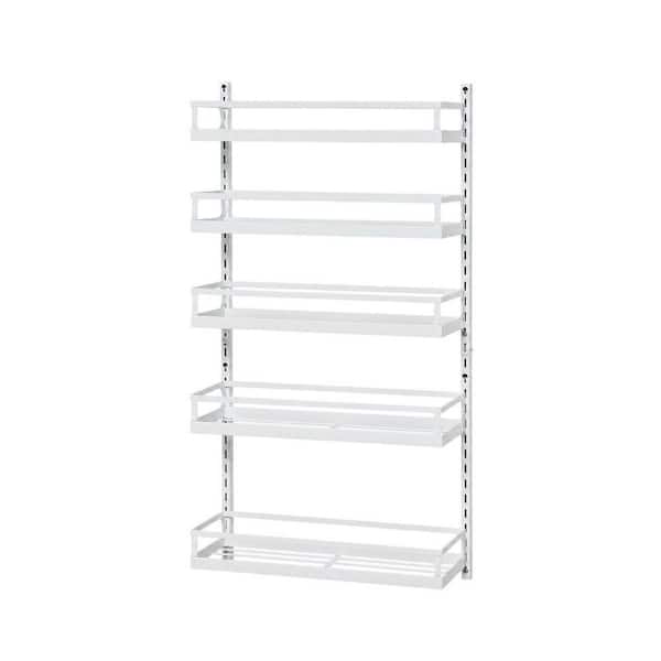 5-Tier White Wall Mount Spice Rack with Hooks, Adjustable Hanging Spice Shelf Storage for Kitchen Pantry Cabinet