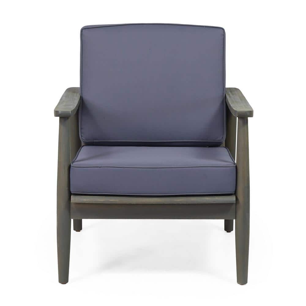 Gray Acacia Wood Outdoor Lounge Chairs with Dark Gray Cushions, Set of 2