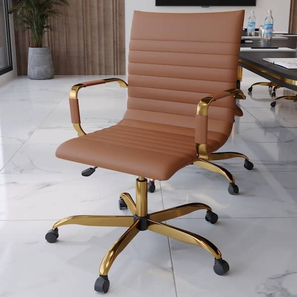 Leisuremod Harris Mid-Back Leather Office Chair Gold Frame Adjustable Height, Swivel, Tilt Conference Chair in Light Brown