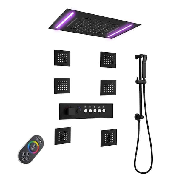 Unbranded Luxury 5-Spray 2.5 GPM 19.7 in. Thermostatic Ceiling Mount Dual Shower Heads with LED and 6-Jet in Matte Black