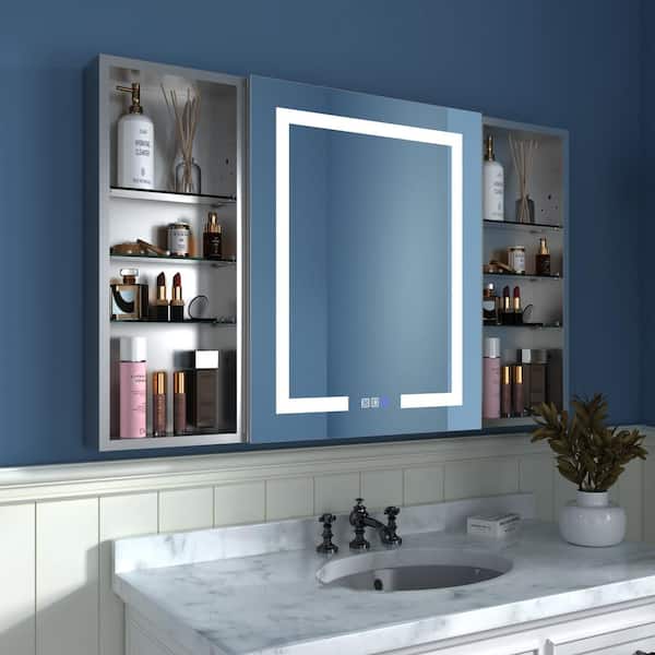 48 in. W x 30 in. H Rectangular Silver Aluminum Recessed/Surface Mount Left Medicine Cabinet with Mirror and LED
