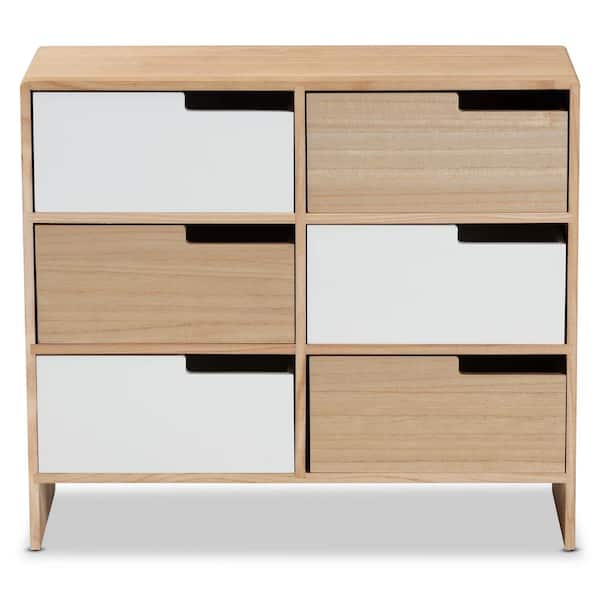 Baxton Studio Eben Oak Brown and White Storage Cabinet with 6-Drawers