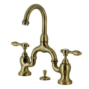 Tudor 2-Handle High Arc 8 in. Bridge Bathroom Faucets with Brass Pop-Up in Antique Brass