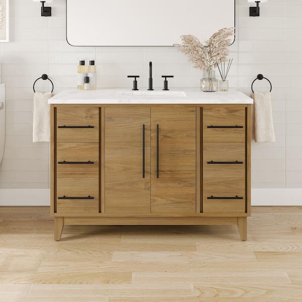 Eviva Graham 48 in. Single Sink Oak Bath Vanity with White Arabescato Engineered Stone Top (Assembled)