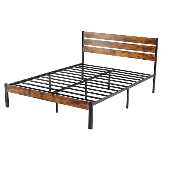 Brown Metal Frame Full Platform Bed Frame Mattress Foundation with Headboard Sturdy Wooden Slats Support Noise Free