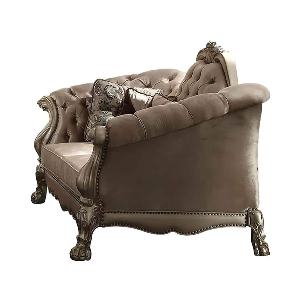 Acme Furniture Dresden 46 in. Bone Velvet and Gold Patina Velvet 2-Seats Loveseats with 5 Pilows, Bone Velvet & Gold Patina