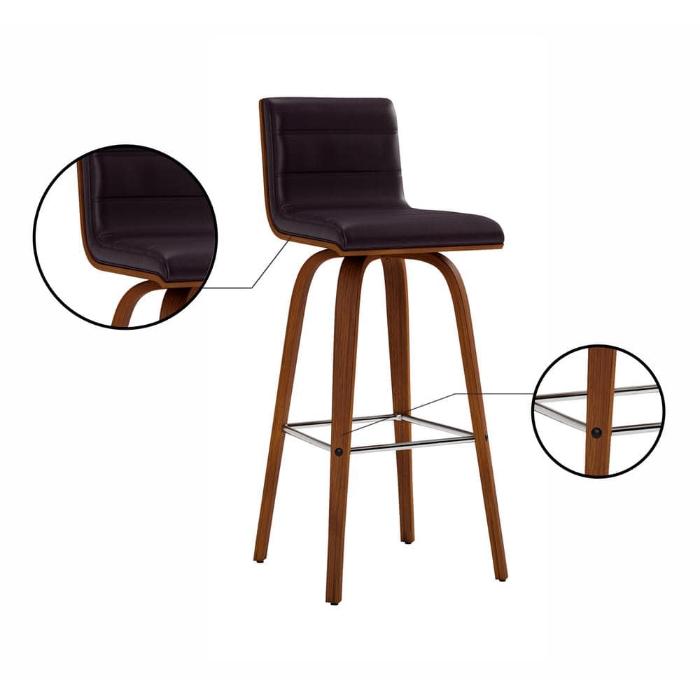 Vienna Contemporary Swivel Bar Stool in Walnut & Brown Leather