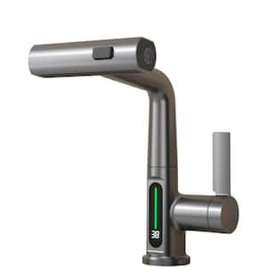 Pull-Out Lift LED Temperature Digital Display Single Handle Single Hole Bathroom Faucet with Adjustable Height in Gray
