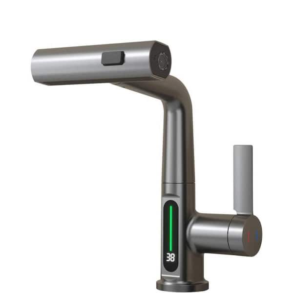 Unbranded Pull-Out Lift LED Temperature Digital Display Single Handle Single Hole Bathroom Faucet with Adjustable Height in Gray