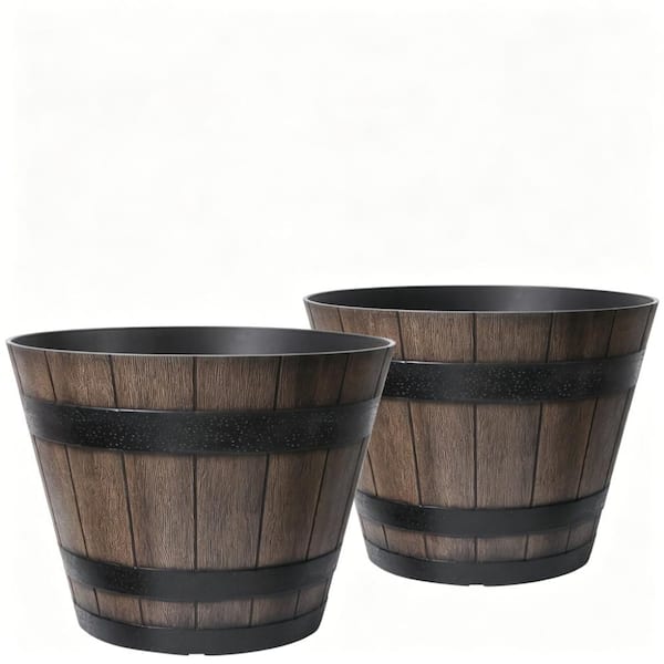 Large Plant Pots, 22.25" 2 Pack Plastic Whiskey Barrel Planters, Big Flower Pots Wine Barrel Design for Outdoor