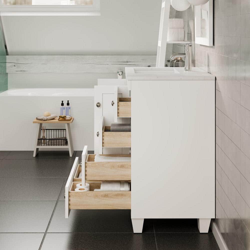 White Solid Wood 28 Inch Freestanding Bathroom Vanity with Porcelain Sink