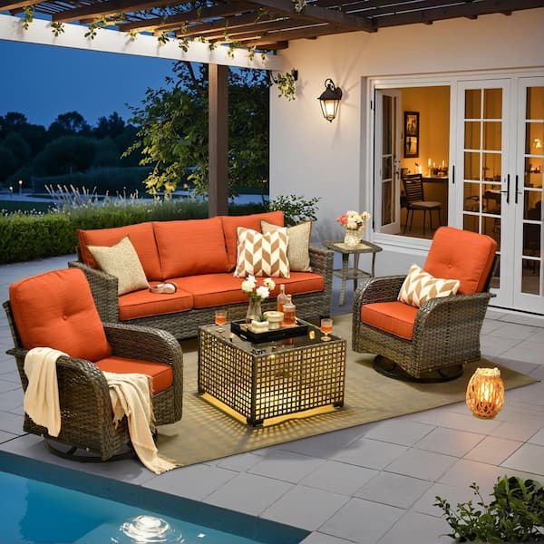 Toject Daphne 5-Piece Wicker Patio Conversation Sofa Seating Set with Swivel Rocking Chairs and Orange Red Cushions