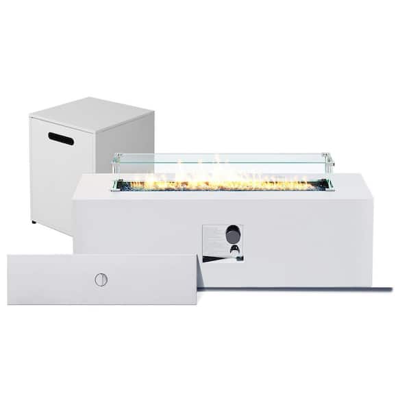 42 in. Rectangular Iron Propane Fire Pit Table with Tank Cover and Wind Guard, White