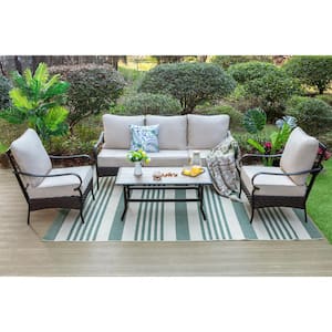 Black Rattan 5 Seat 4-Piece Steel Outdoor Patio Conversation Set with Beige Cushions and Table with Wood-Grain Top