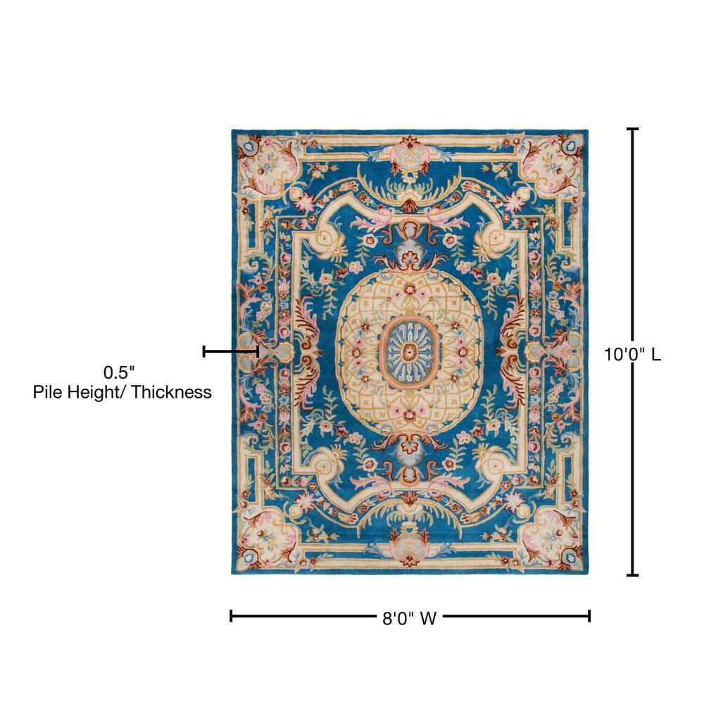 Handmade Blue and Ivory Floral Wool 8' x 10' Area Rug