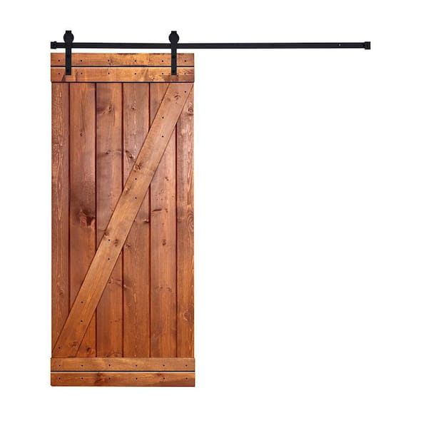 AIOPOP HOME Z-Bar Series 24 in. x 84 in. Reddish Brown Stained Knotty Pine Wood DIY Sliding Barn Door with Hardware Kit