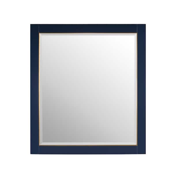 ANGELES HOME 28 in. W x 32 in. H Rectangular Solid Wood Framed Beveled Wall Bathroom Vanity Mirror in Navy Blue with Golden Line