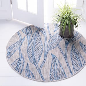 Outdoor Leaf Light Gray 4 ft. Round Area Rug