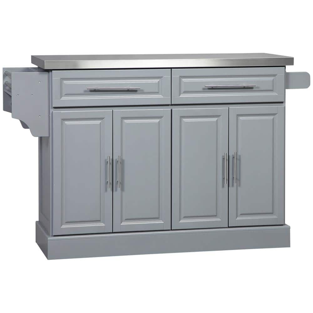 Gray Wood 57 in. Kitchen Island with Stainless Steel Top, 2 Drawers, Spice,