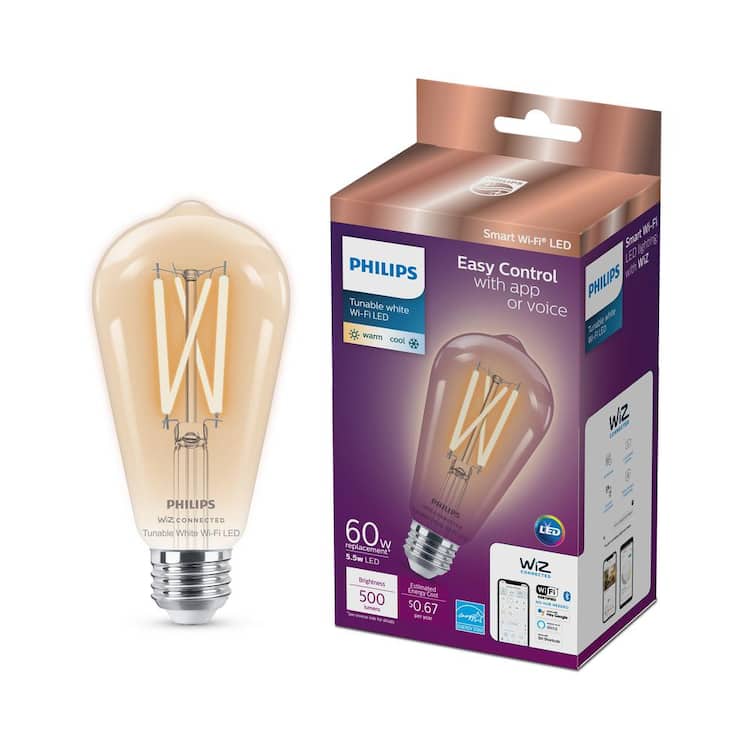 Philips 60-Watt Equivalent ST19 Smart Wi-Fi Vintage Edison LED Light Bulb Tunable White 2700 (K) WiZ with Bluetooth (1-Pack)