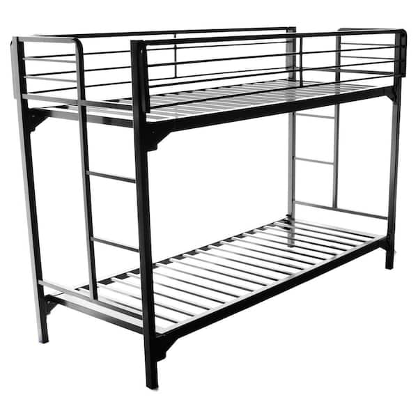 BLANTEX University Black Steel Twin Platform Frame Bunk Bed with Ladder Entry and Built-in Guardrails and Ladders