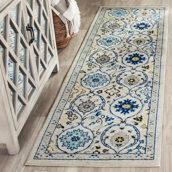 Evoke Ivory/Blue 2 ft. x 11 ft. Border Distressed Geometric Runner Rug