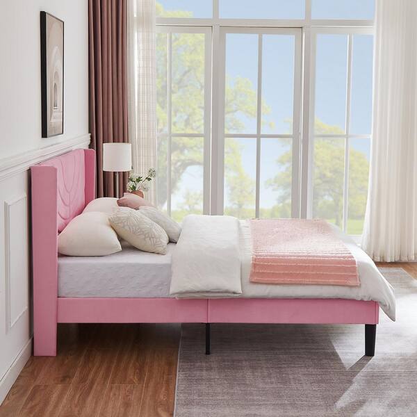 VECELO Upholstered Bed Pink Metal Frame Full Platform Bed
