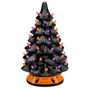 15 in. Pre-Lit Incandescent Ceramic Tabletop Halloween Artificial Christmas Tree with 57 Purple and Orange Lights