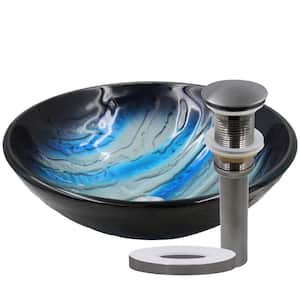 Blue and Silver Hand-Painted Glass Bathroom Round Vessel Sink with Drain in Gunmetal