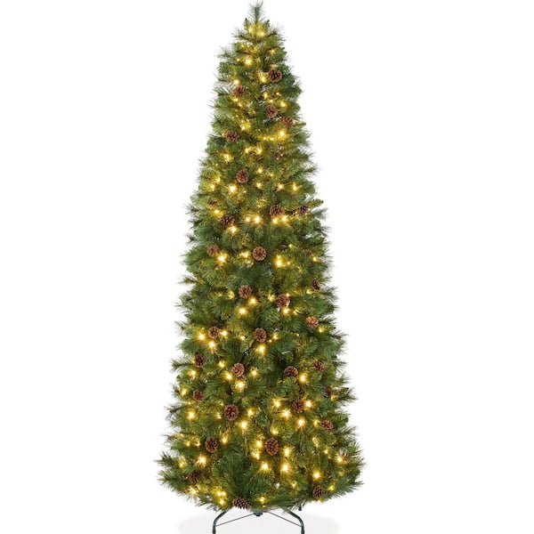 6.5 ft. Green Scotch Pine Pre-Lit Pencil Artificial Christmas Tree with 150 LED Color + Clear Lights and Pine Cones