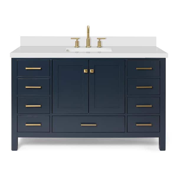 Cambridge 54 in. Single Sink Freestanding Bathroom Vanity in Midnight Blue with Pure White Quartz Top