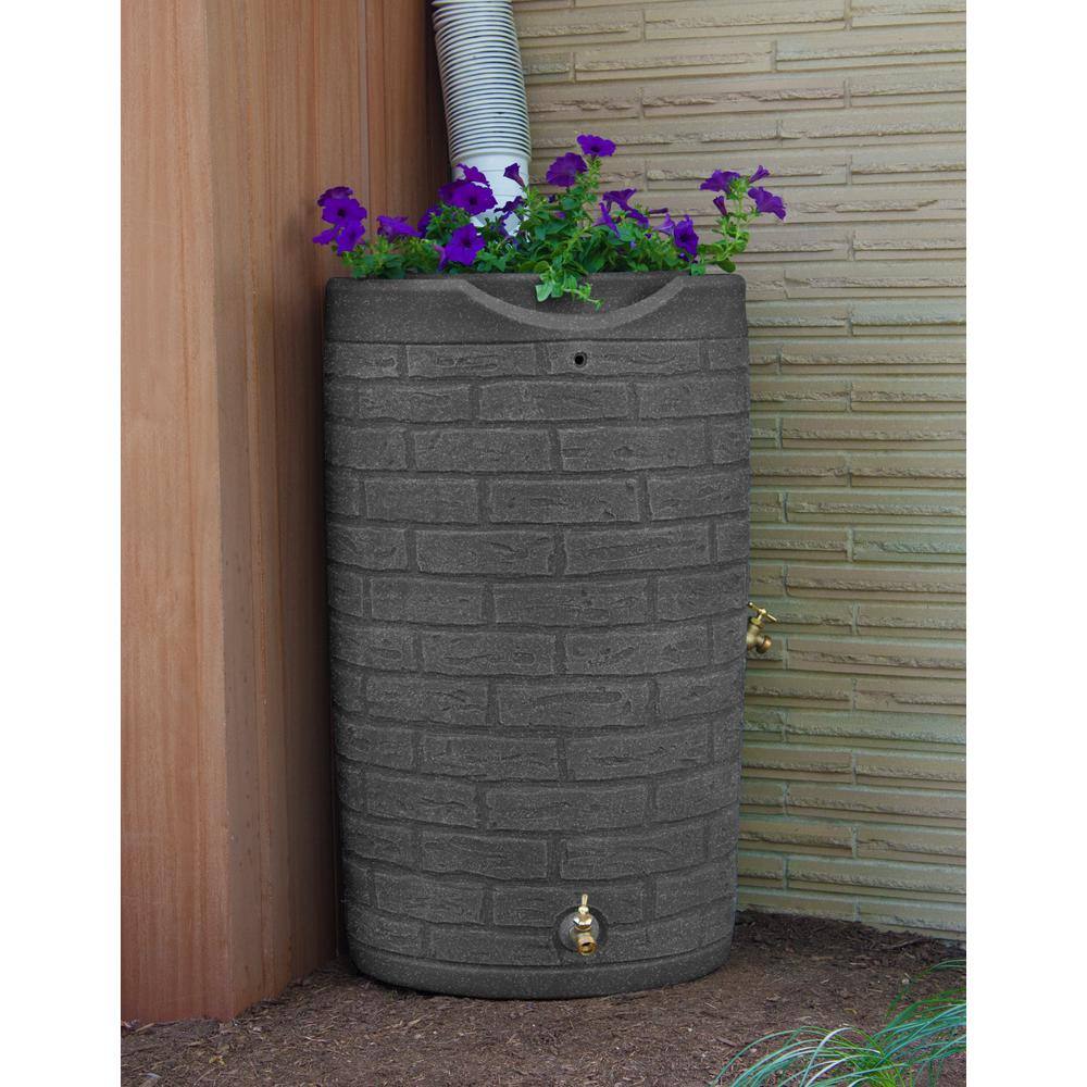 Impressions Downton 50 Gallon Dark Granite Plastic Rain Barrel with Planter