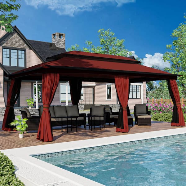 20 ft. x 10 ft. Red Outdoor Patio Steel Frame Soft Top Gazebo with Mosquito Netting and Weather-Resistant Canopy Top