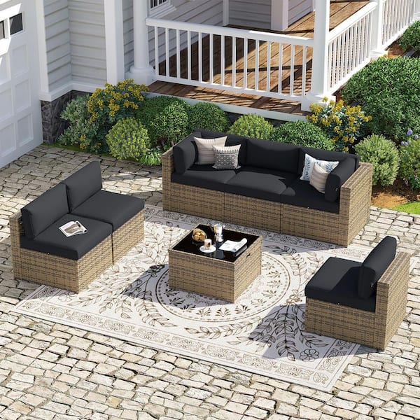 Yellow 7-Piece Wicker Rattan Outdoor Patio Conversation Set with Black Cushions, Coffee Table