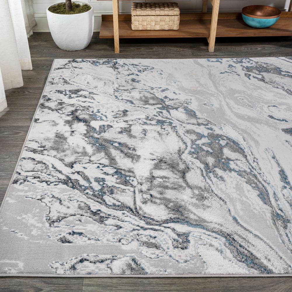 Gray and Blue Marbled Abstract Synthetic Area Rug