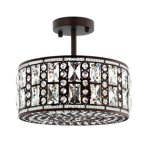MLiAN 11.8 in. 3-Light Oil Bronze Crystal Drum Semi Flush Mount Ceiling Light