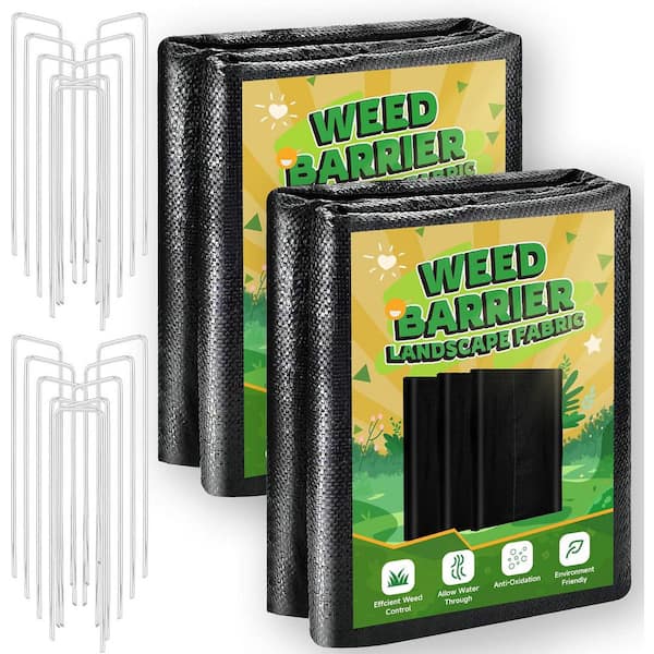 Phewnyzo Heavy Duty Weed Barrier Landscape Fabric 4FT x 100FT 3.2oz Gardening Weed Control Mat w/ 30 Securing Pegs 2 Packs 4x50FT