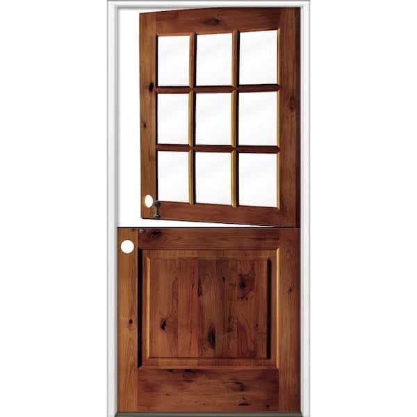Krosswood Doors 36 in. x 80 in. Farmhouse Knotty Alder Right-Hand/Inswing Clear Glass Red Chestnut Stain Dutch Wood Prehung Front Door