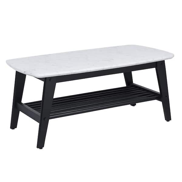 StyleCraft Birchwood 22 in. Faux White, Black Marble Top, Black, Matte Black Slatted Rectangle Marble Coffee Table