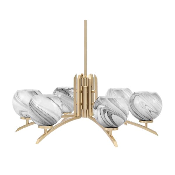 Unbranded Siena 26.25 in. 6-Light New Age Brass Chandelier with 5.75 in. Onyx Swirl Glass Shades, no bulbs included