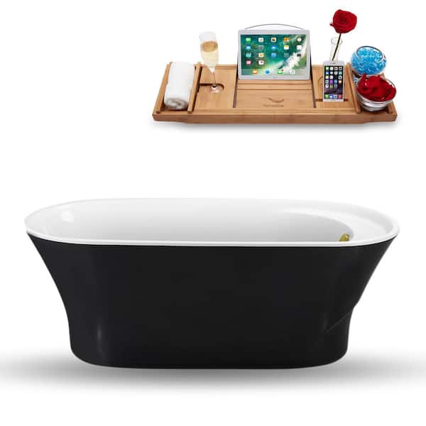 Streamline 59 in. Acrylic Flatbottom Non-Whirlpool Bathtub in Glossy Black with Polished Gold Drain and Overflow Cover