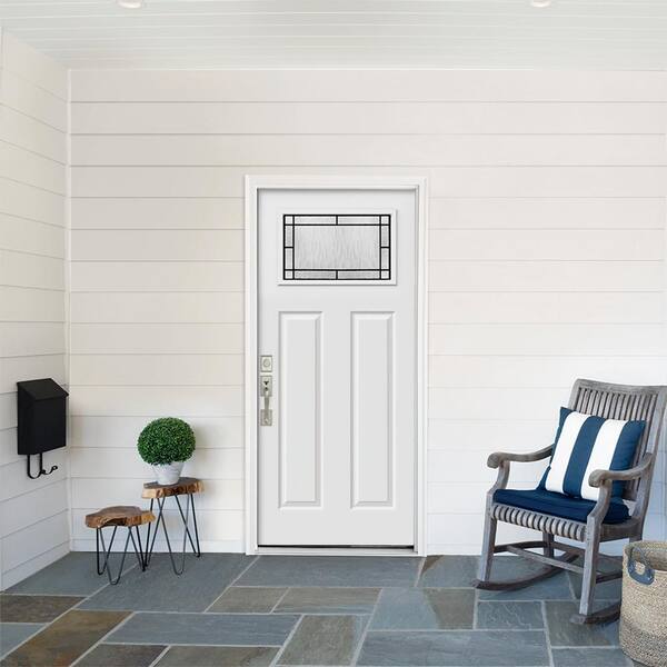 36 in. x 80 in. Right-Hand/Inswing Wendover Craftsman Decorative Glass Primed Steel Prehung Front Door with Brickmould 36 in. x 80 in. Right-Hand/Inswing Wendover Craftsman Decorative Glass Primed Steel Prehung Front Door with Brickmould