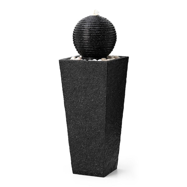 Glitzhome 40.25 in. H Outdoor Oversized Modern Black Geometric Pedestal and Sphere Polyresin Water Floor Fountain with LED Light