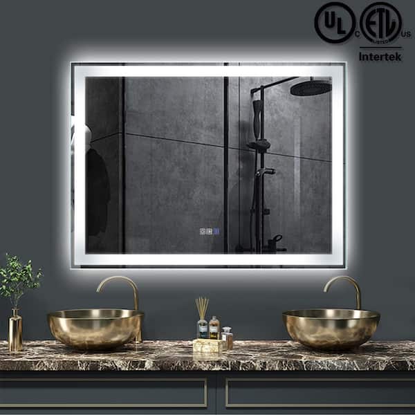 HBEZON 48.01 in. W x 36 in. H Large Rectangular Frameless LED Backlit and Anti-Fog Wall Bathroom Vanity Mirror in Silver