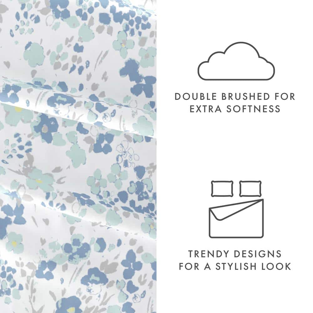 King Light Blue Floral Microfiber Sheet Set with Deep Pockets