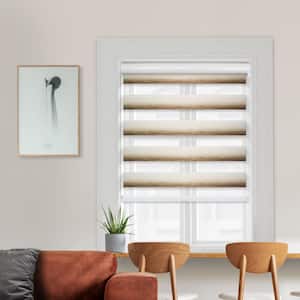 Cut-to-Size Ivory Oak Cordless Light Filtering Dual Layer Privacy Polyester Zebra Roller Shade 30 in. W x 72 in. L