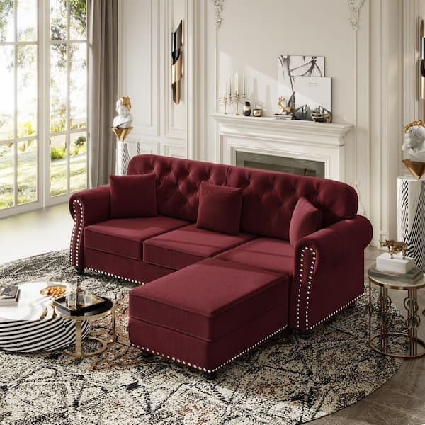 Polibi 82.6 in. Rolled Arm Velvet Rectangle Sofa in Burgundy with